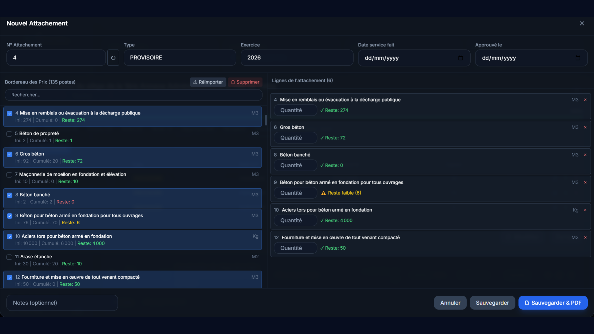 Gestiko — attachements marchés publics et bordereau des prix